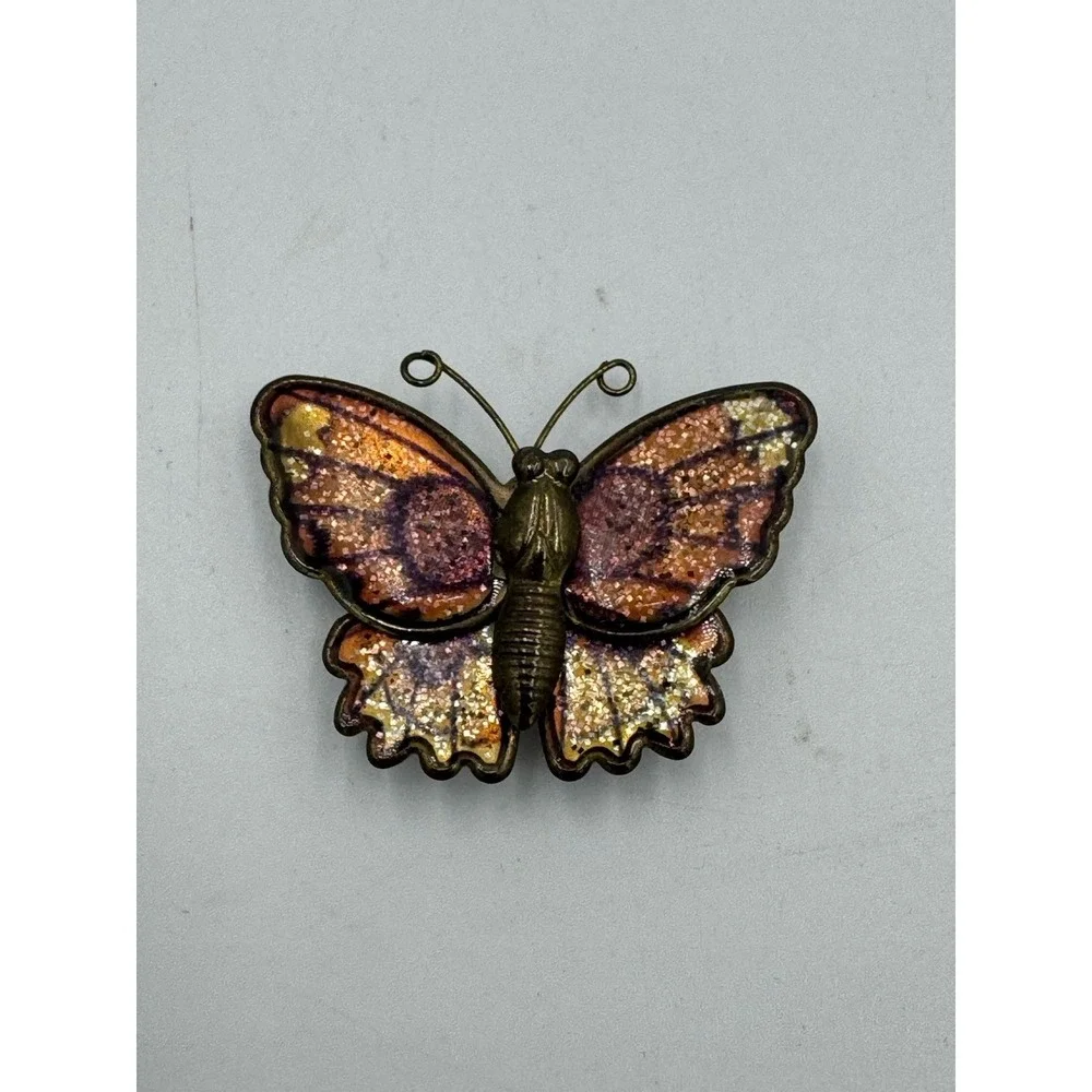Vintage Fold Tone Butterfly Magnet With Glittery Orange & Purple Wings